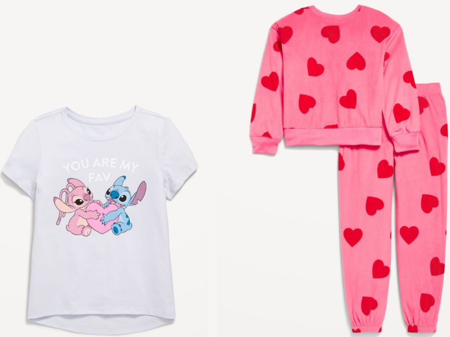 An old navy valentine's day Stitch & Angel graphic tee and 2-piece pajama set for girls