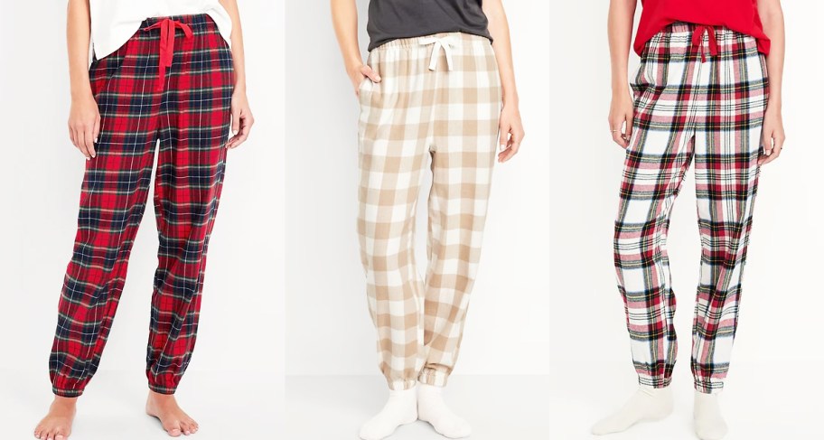 three women in plaid print pajama joggers