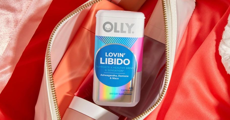 A bottle of OLLY Lovin Libido Capsules 40-count in a zippered bag