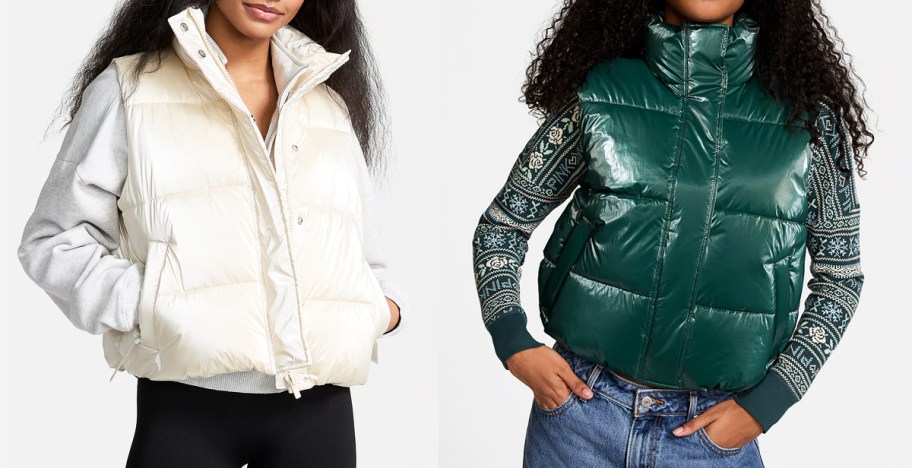 two women in white and green puffer vests