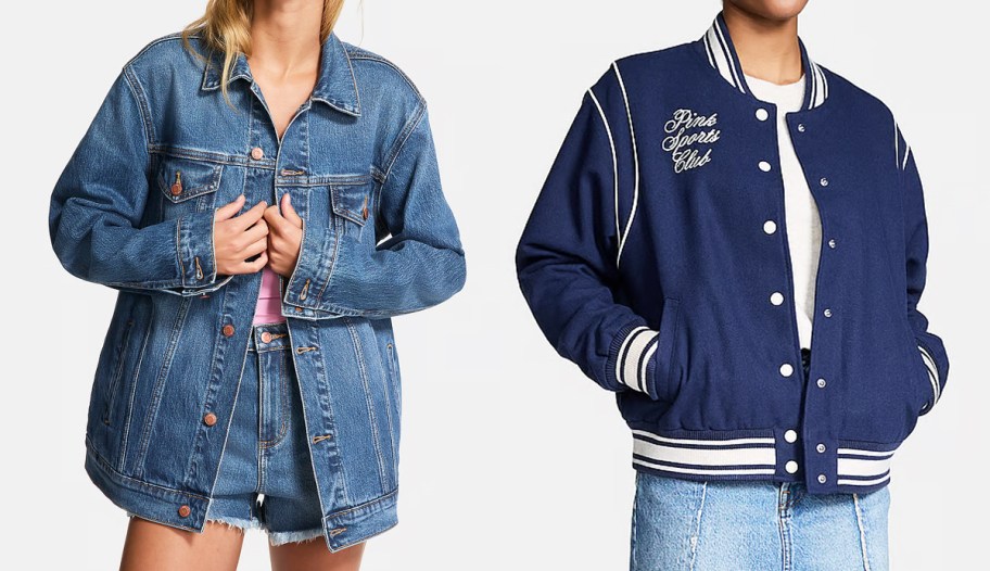 two women in denim and varsity jackets