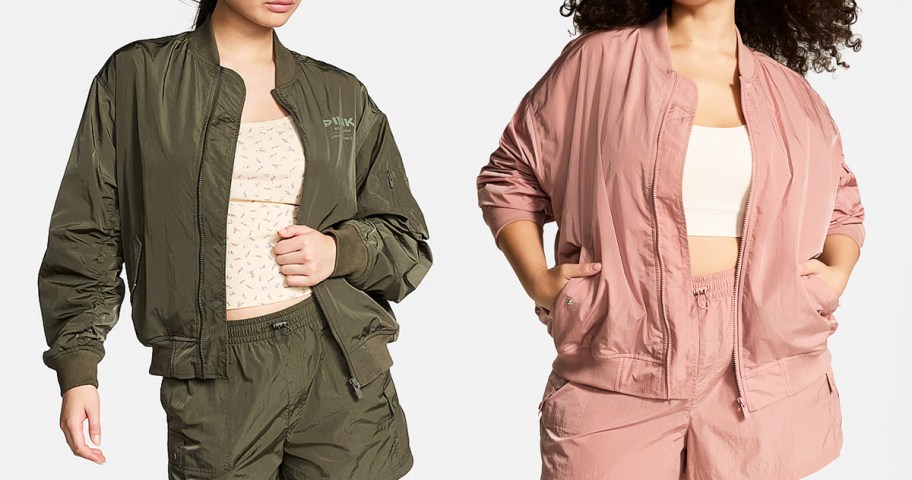 two women in olive green and pink bomber jackets