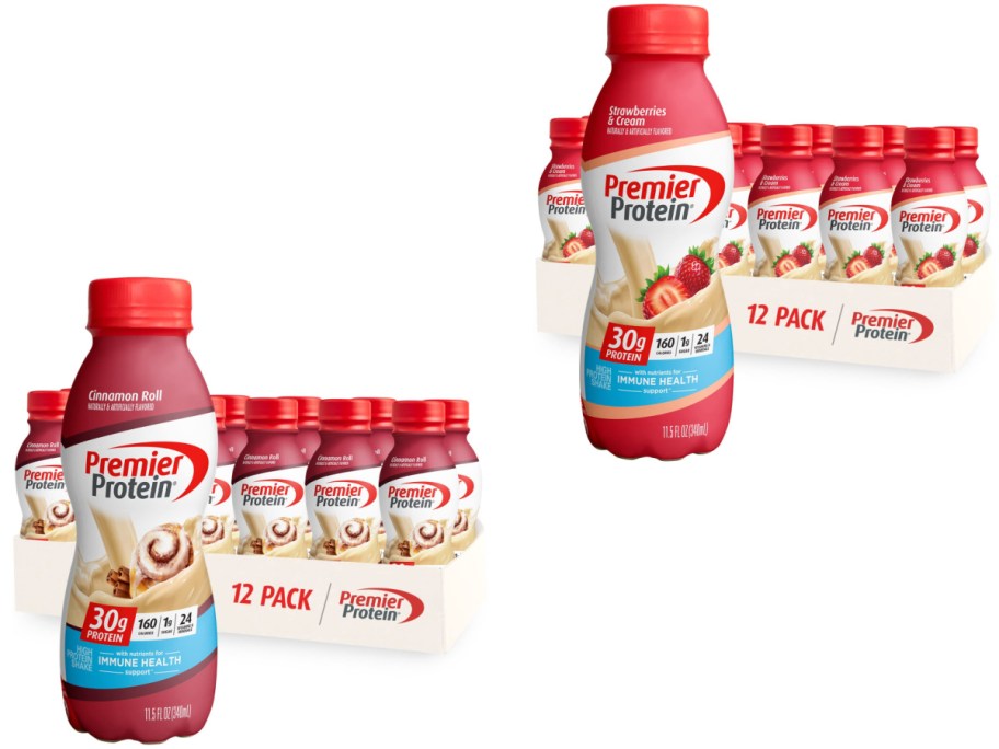 Premier Protein Shakes 12-Pack in cinnamon roll and strawberry