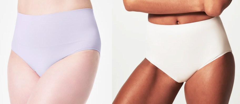 two women in purple and white spanx underwear