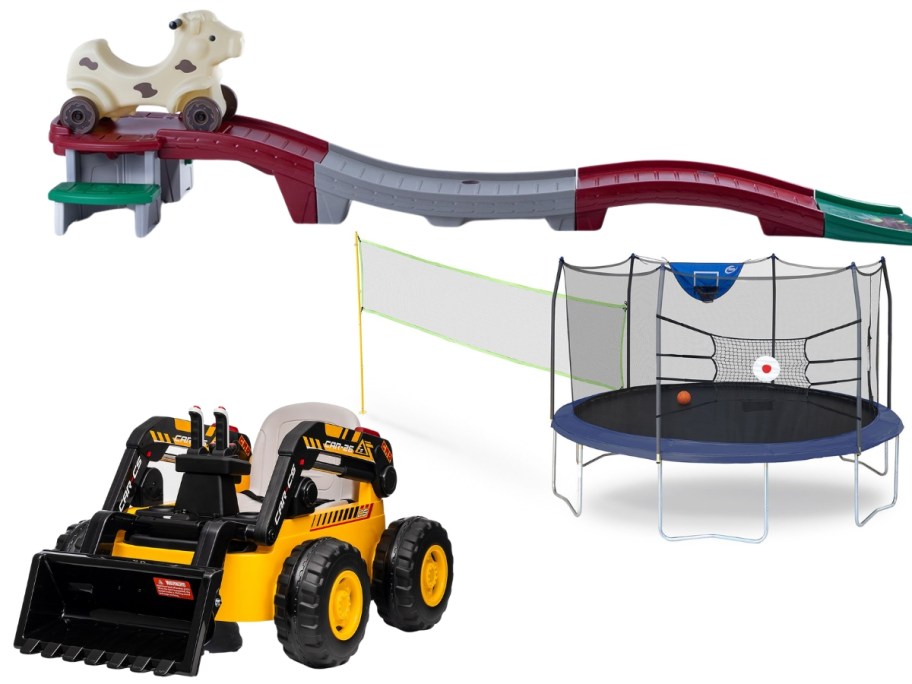 stock images of step2 ride on coaster, skywalker sports center trampoline and bulldozer ride on toy