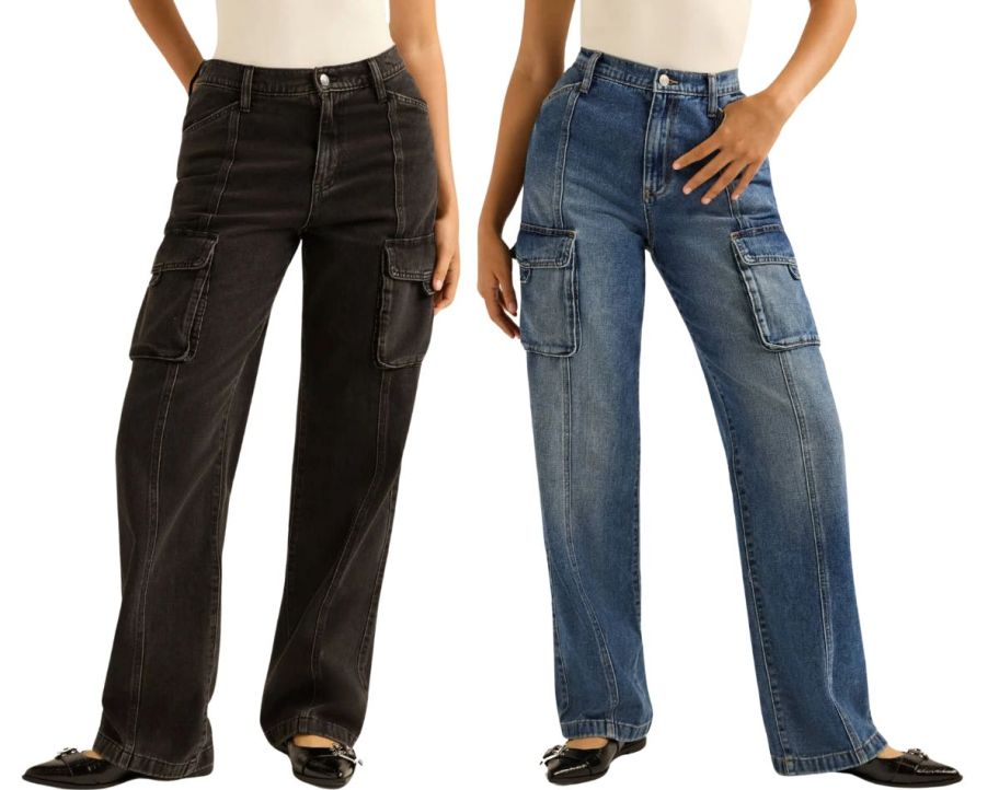 two models wearing wide leg cargo jeans in black and indigo wash stock iamge