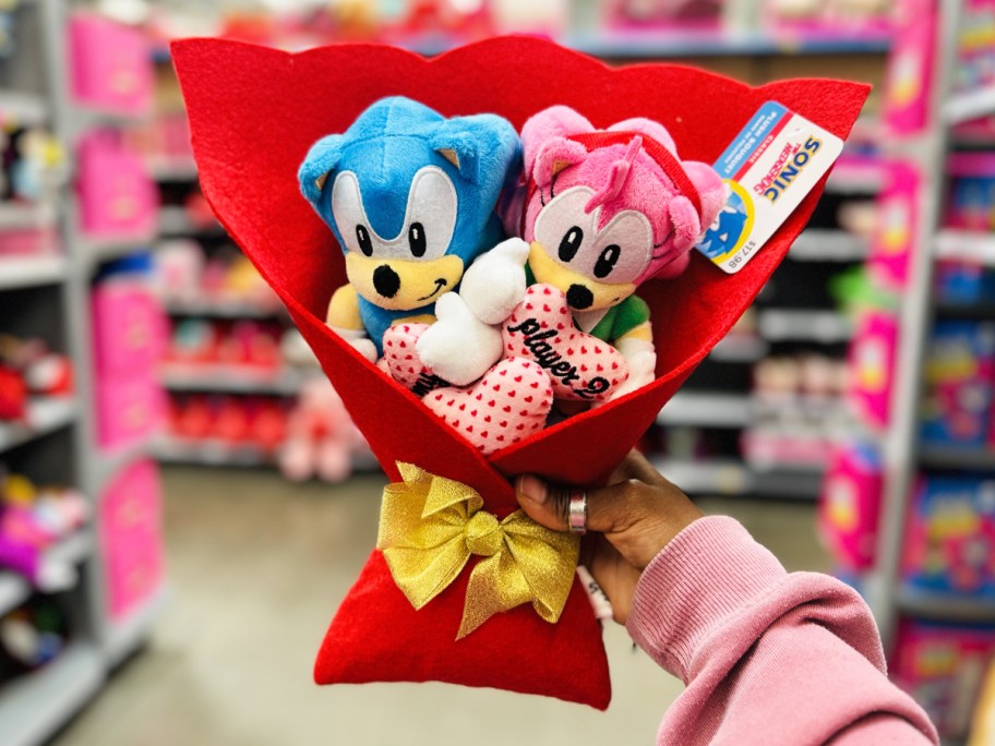 hand holding a Sonic the Hedgehog Plush Valentine's Bouquet in store