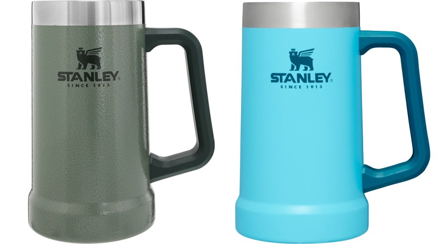 green and blue Stanley beer steins