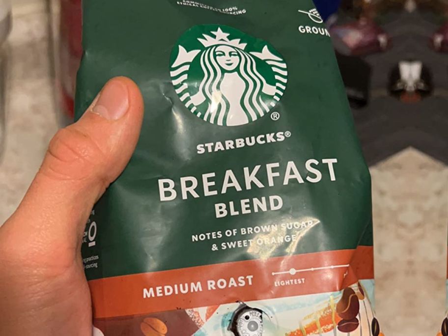 A bag of Starbucks Breakfast Blend Ground Coffee