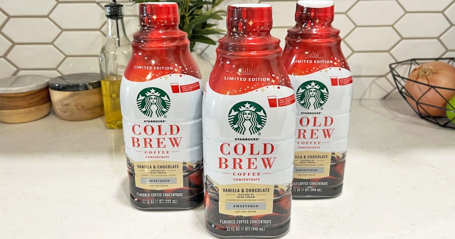 three bottles of Starbucks Cold Brew Concentrate on kitchen counter