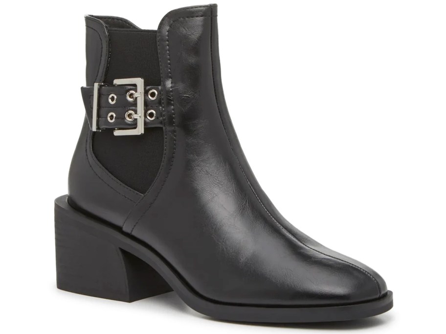 black leather bootie with buckle on the side