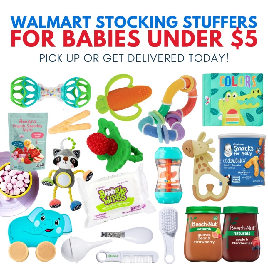 collage of walmart stocking stuffers for babies under five dollars