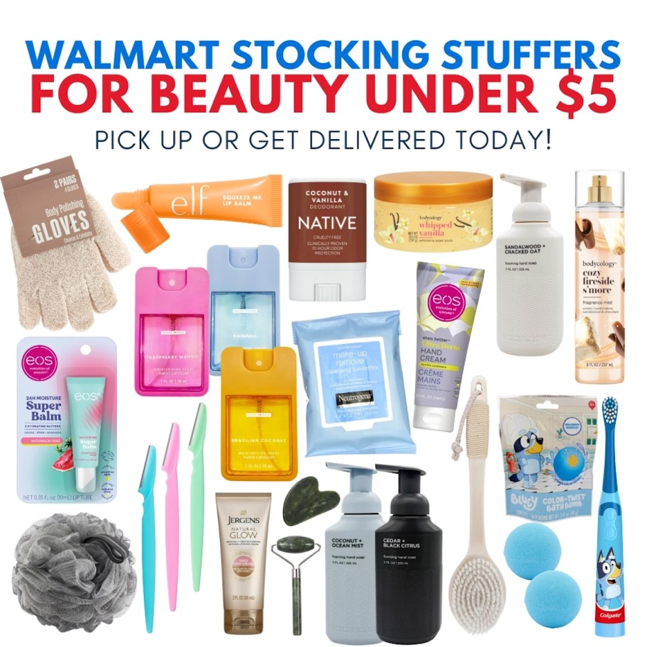 walmart stocking stuffers for beauty under five dollars collage graphic