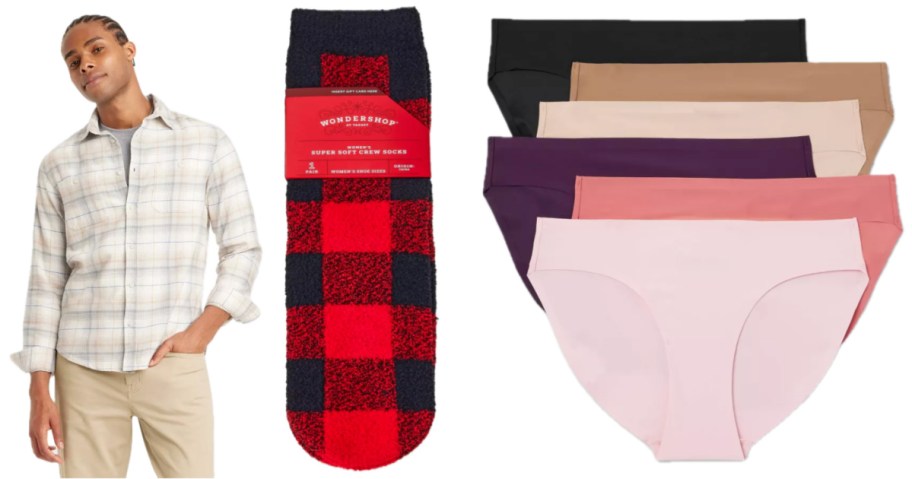 man wearing flannel shirt, cozy socks and 6 pairs of underwear