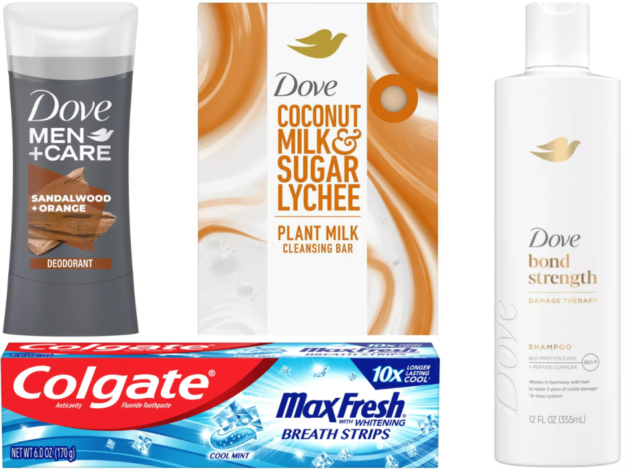 Stock images of Dove Men's Deodorant, Bar Soap, and Shampoo and a box of Colgate toothpaste