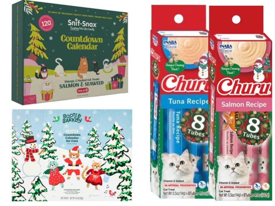 Several holiday treat and advent boxes for cats