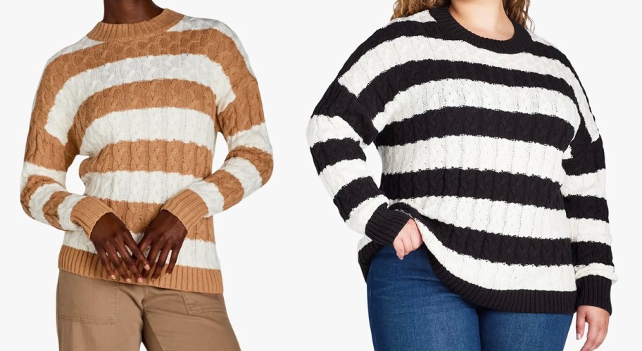 two women in cable knit striped sweaters