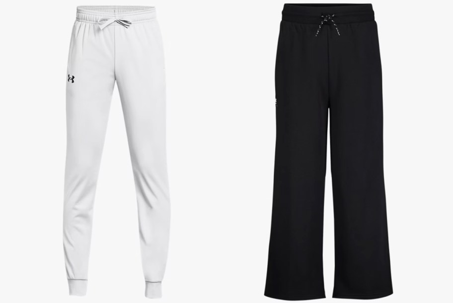 light grey joggers and black fleece pants