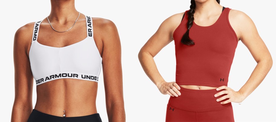 women in white sports bra and red tank top