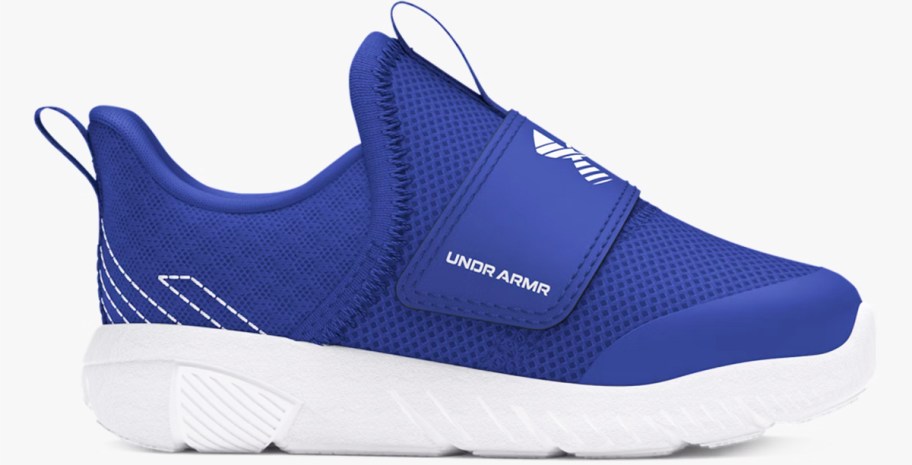 blue and white slip-on running shoe