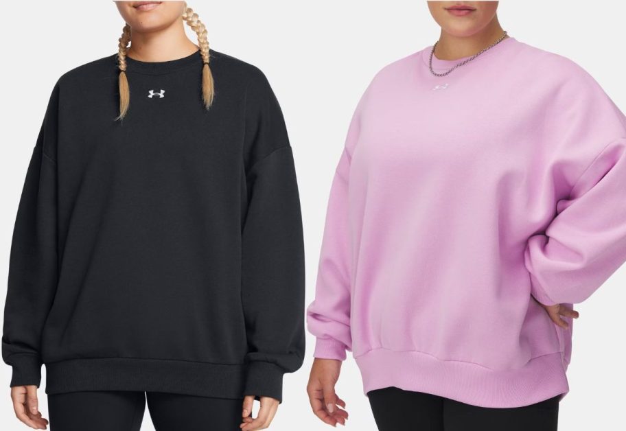 Stock images of two women wearing Under Armour crewneck sweatshirts