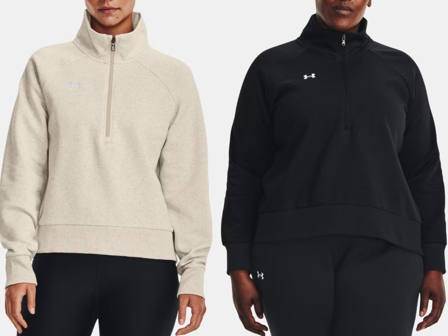 stock images of two women wearing Under Armour 1/4 zip fleece pullovers