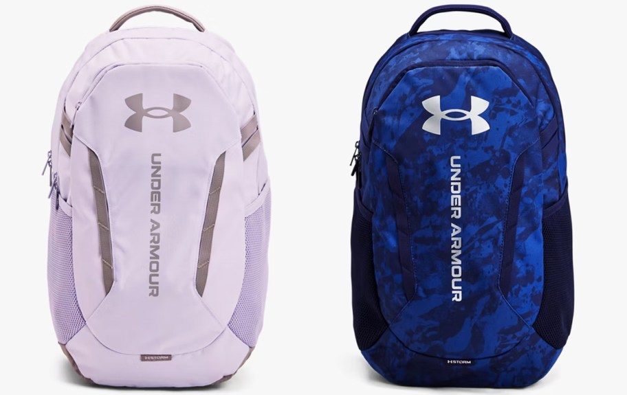 light purple and dark blue under armour backpacks