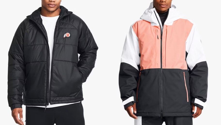 two men wearing black puffer jacket and white/orange/black ski jacket