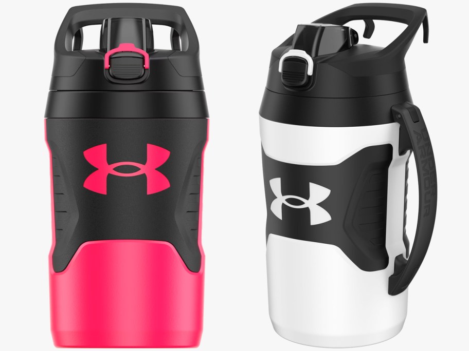 pink and white under armour water jugs