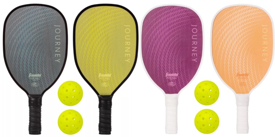 Pickleball paddles in blue, lime green, purple, and orange with yellow balls in the middle 