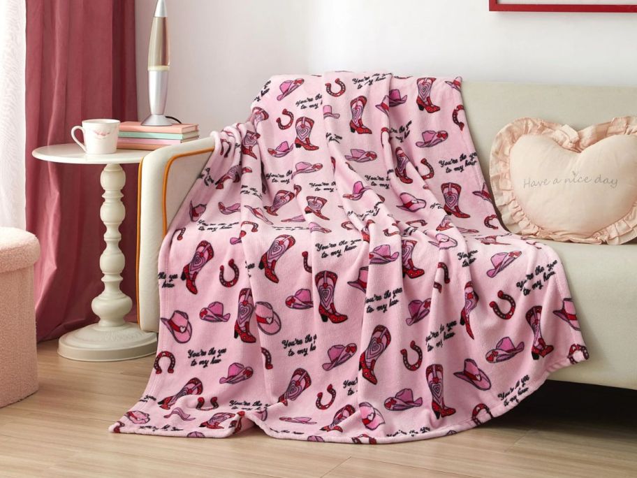 Valentine's Day Throw Blanket - Disco Cowgirl on couch