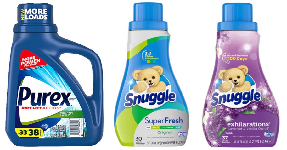 laundry detergent and two bottles of fabric softener