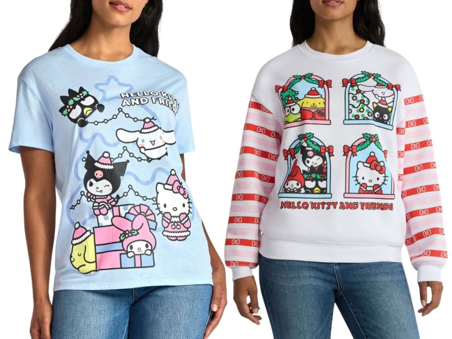 2 women wearing Walmart Christmas Hello Kitty shirts