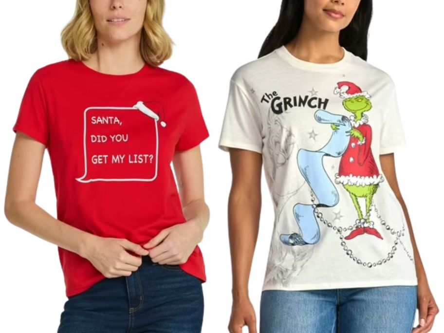 A woman wearing a red shirt and another wearing a Grinch shirt