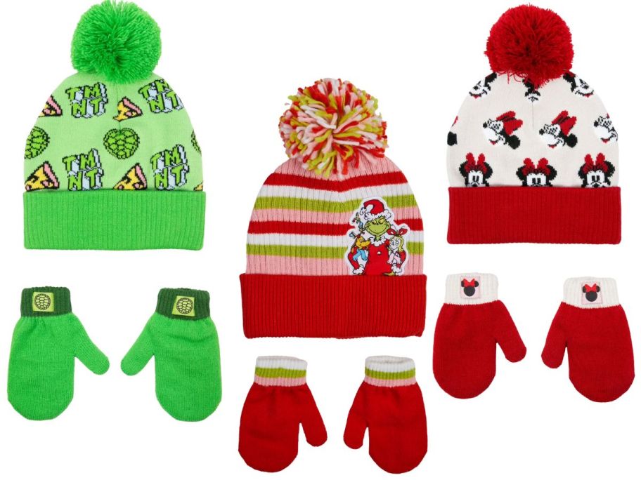 Teenage Mutant Ninja Turtle, Grinch, & Minnie Mouse hat and glove sets