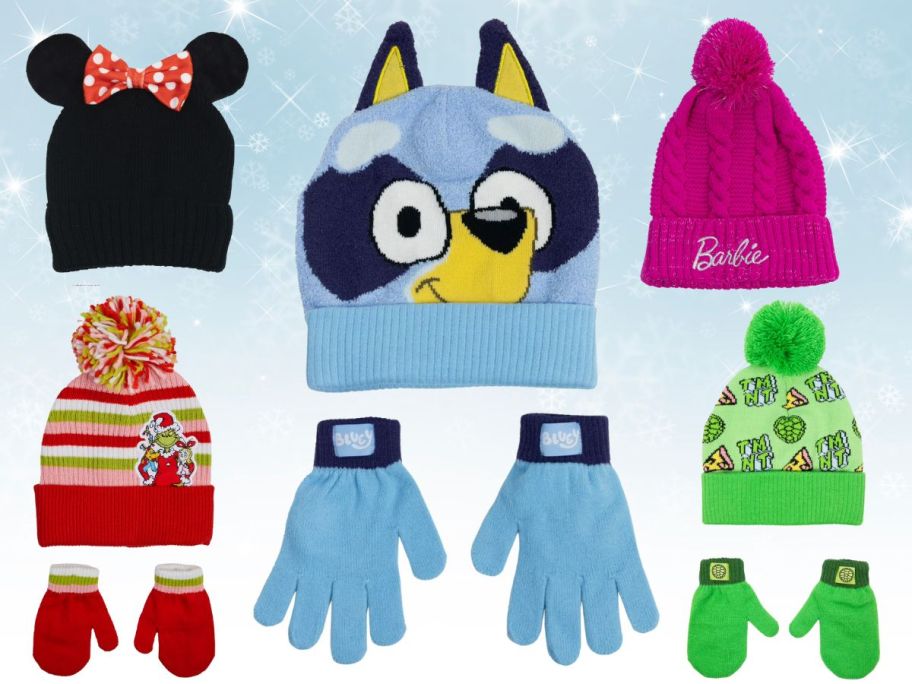 Grinch, Bluey, Minnie Mouse, & Barbie Hats & Gloves