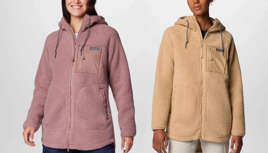 2 women wearing zip up Columbia fleece jacket 