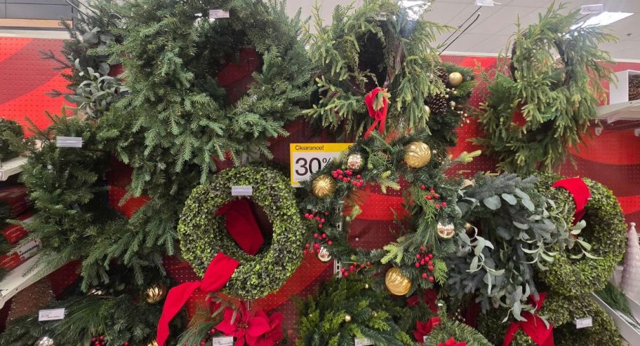 Display of Wondershop Christmas wreaths