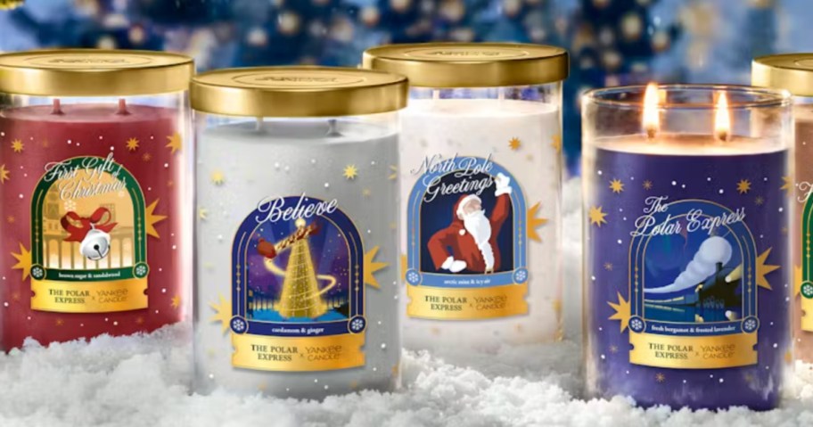 Polar express themed Yankee, candles on display on top of artificial snow