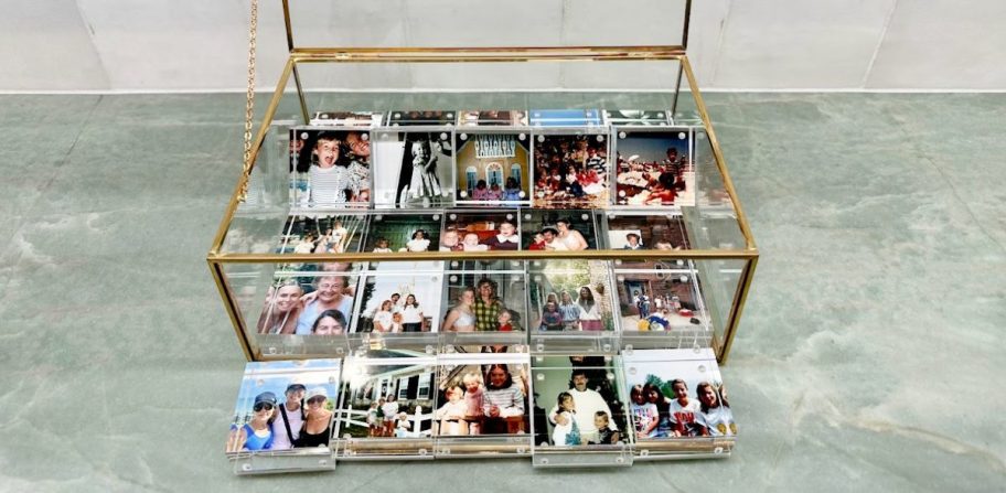 acrylic photo blocks in a glass and gold rimmed container