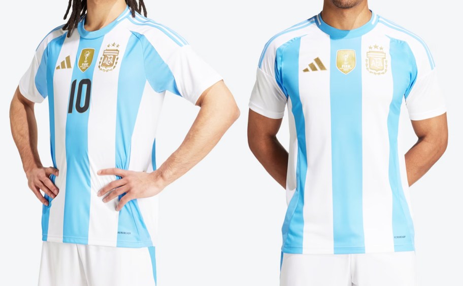 two men in white and blue striped soccer jerseys