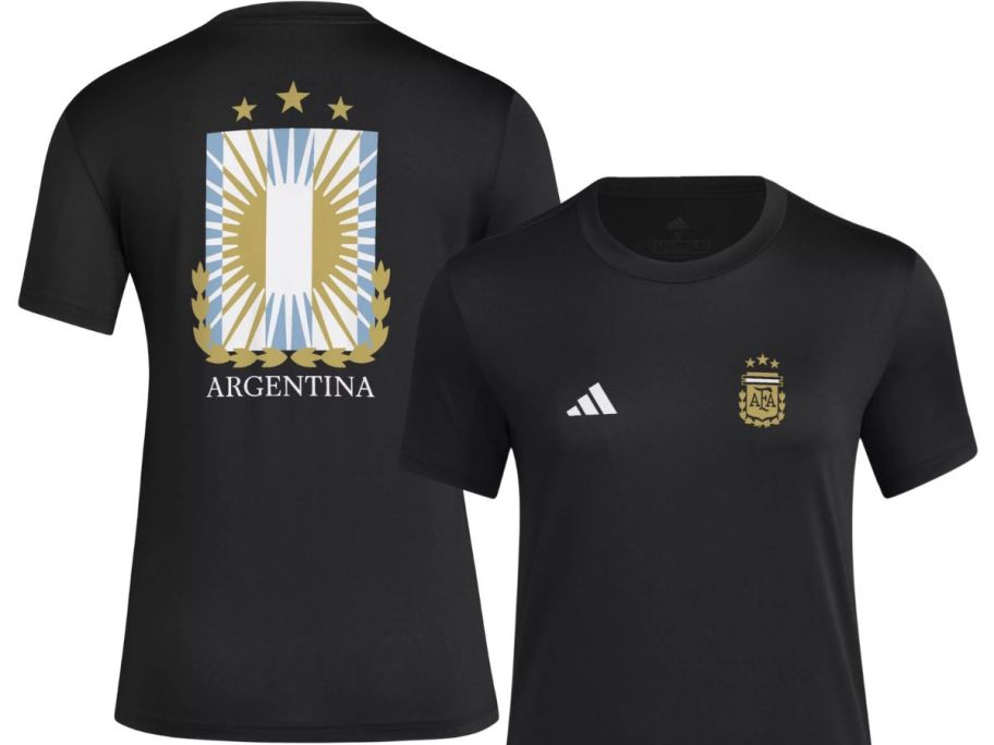 Stock images of the front and back of a adidas Women's Argentina National Black T-Shirt