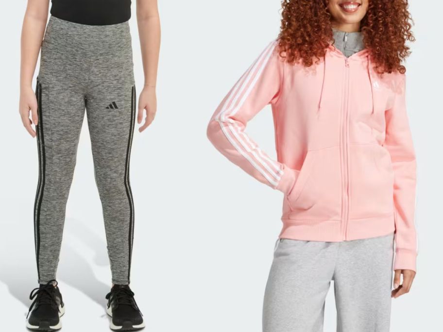 Stock image of girl wearing Adidas leggings and woman wearing Adidas full zip hoodie