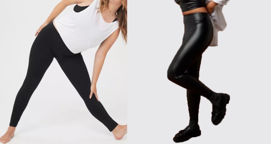 two women wearing black leggings 