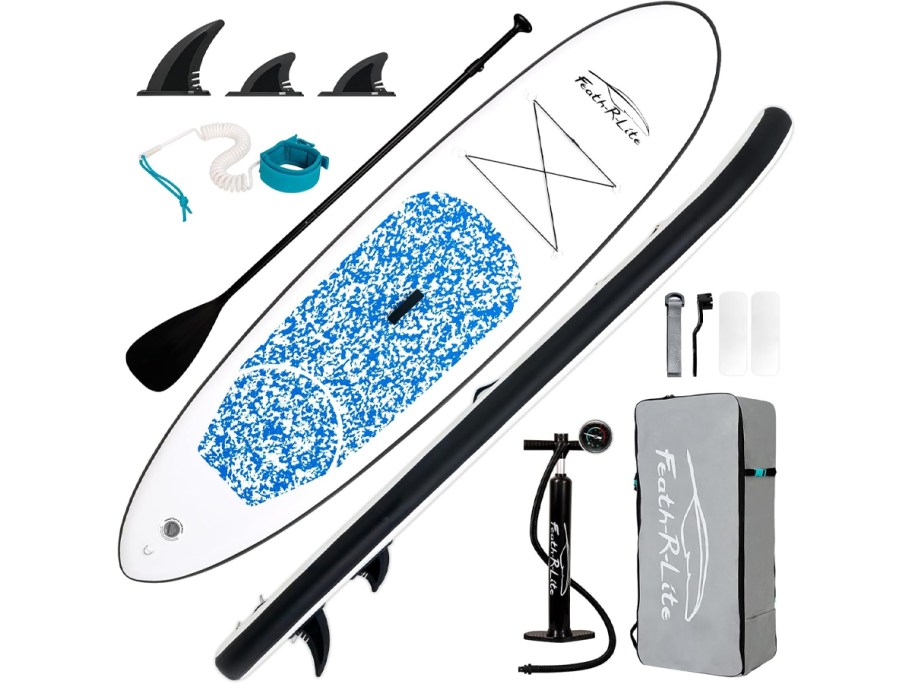 White and blue paddle board with accessories 