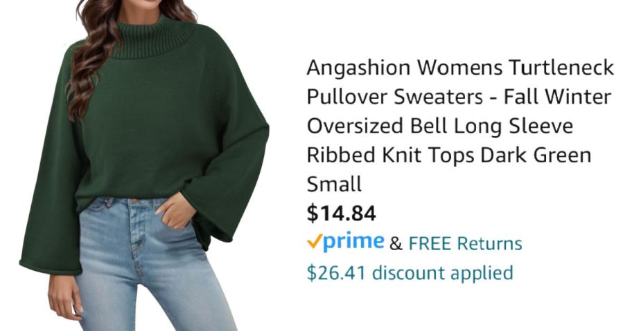 woman wearing green sweater next to Amazon pricing information