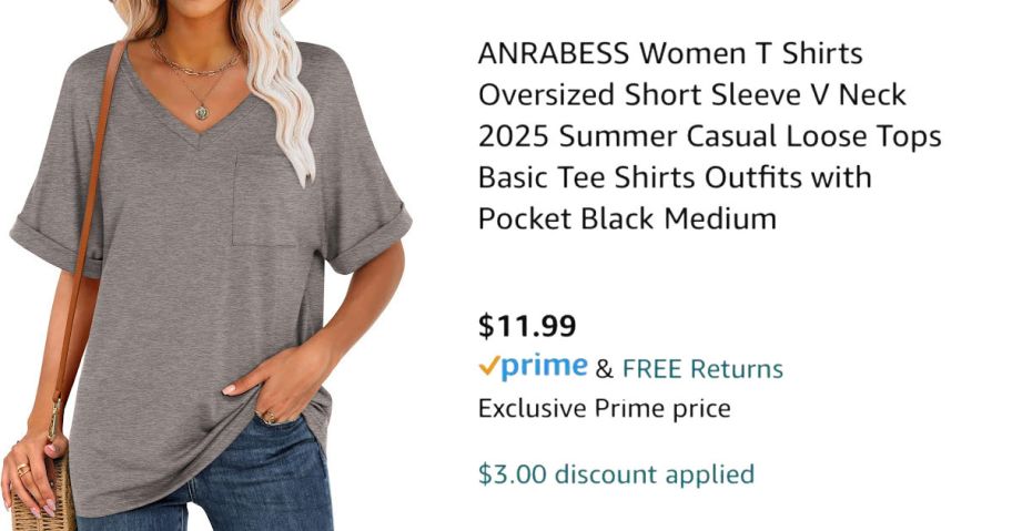 woman wearing tan shirt next to Amazon pricing information