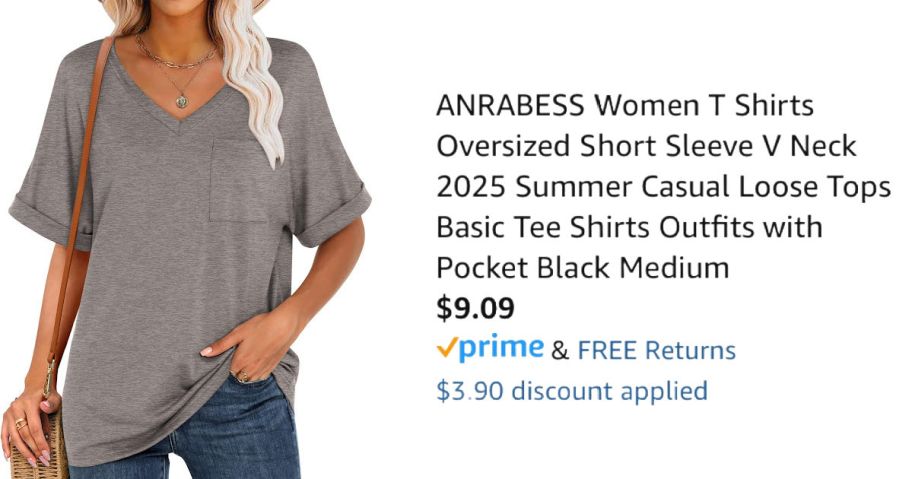 Woman in a tanned shirt next to price information on Amazon