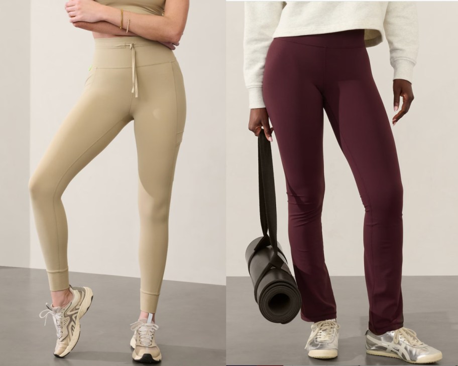 tan and maroon leggings