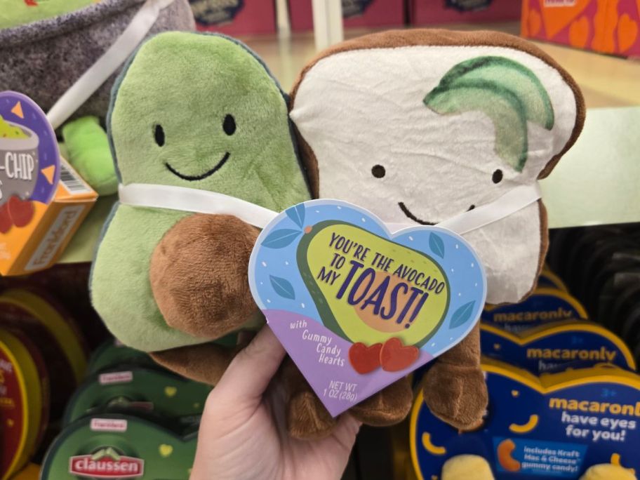 a womans hand holding an avocado and toast valentines plush duo